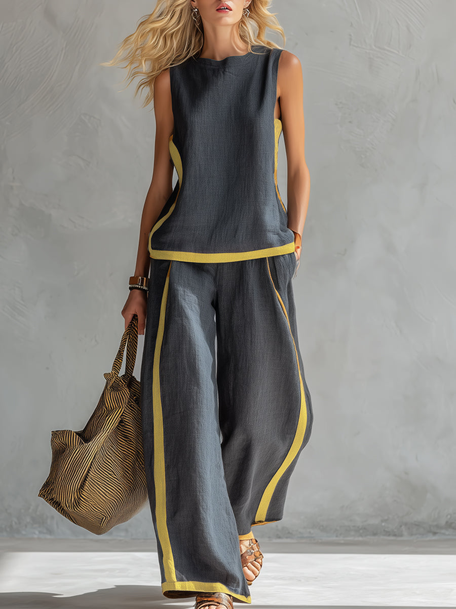 Elegant and Casual Two-tone Trim Grey Cotton and Linen Vest and Trousers Set