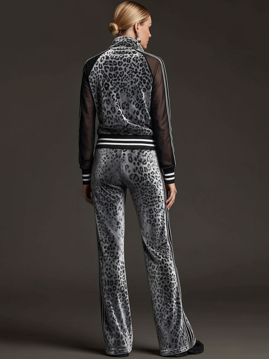 Sporty Retro Striped Mesh Sleeve Grey Leopard Print Velvet Sweatshirt And Pants Set