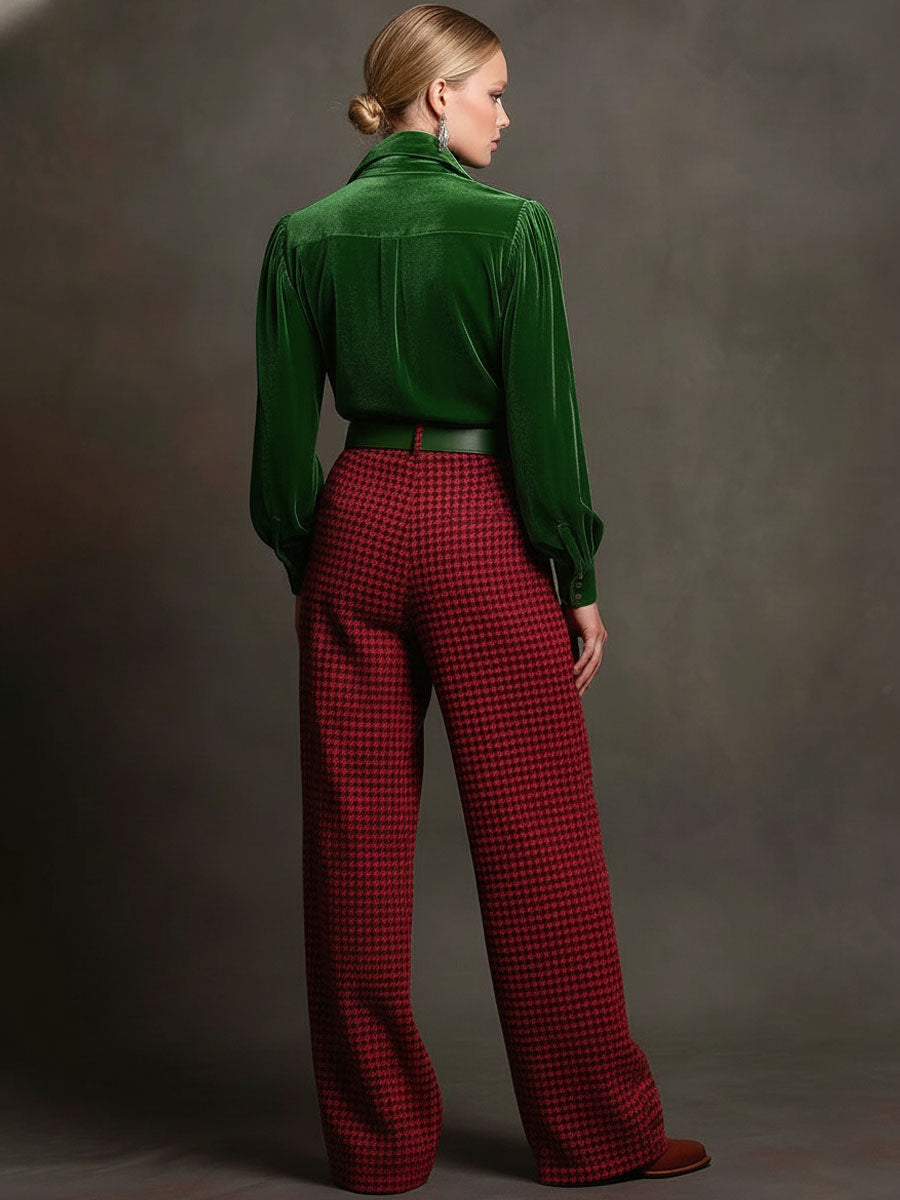 Retro Green Velvet Pleated Long-sleeved Shirt and Houndstooth Wide-leg Trousers Set
