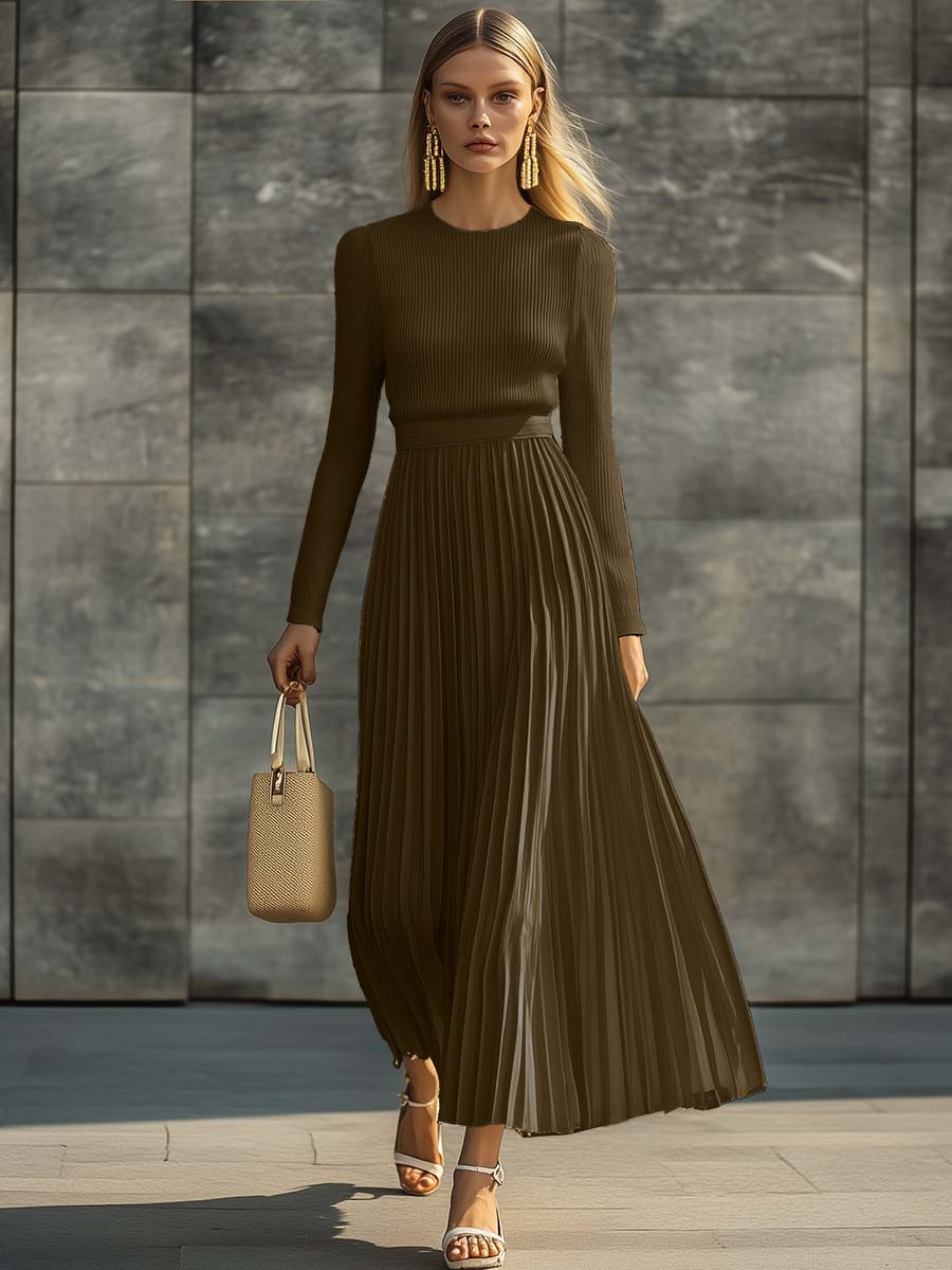 Elegant Casual and Comfortable Long-sleeved Cream Knitted Satin Pleated Hem Maxi Dress
