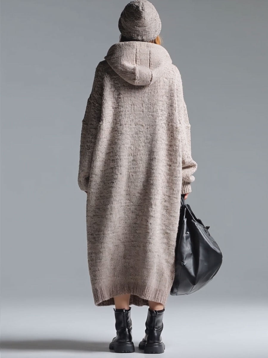 Fashion Loose Retro Trimmed Floral Grey Hooded Knitted Midi Dress