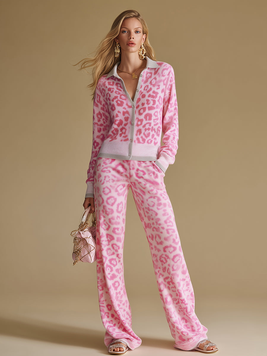 Elegant and Retro Colour-blocked Leopard Print Knitted Top and Trousers Set.