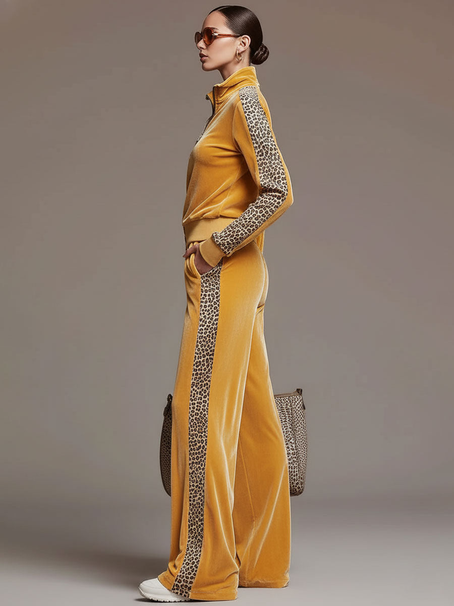Casual Sporty Retro Leopard Print Trim Yellow Velvet Sweatshirt Wide-Leg Trousers Set