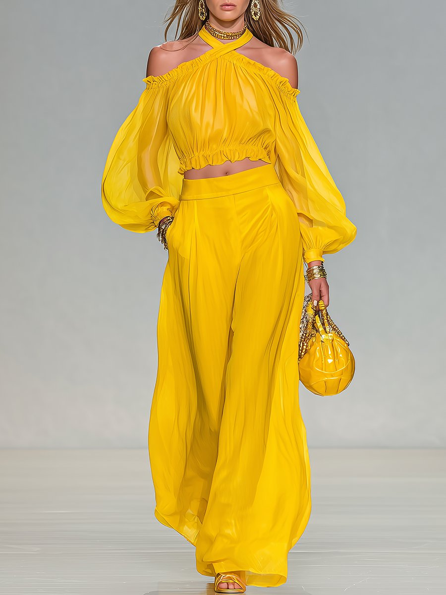 Elegant Urban Style Halter-neck Chiffon Top and Wide-leg Trousers Set