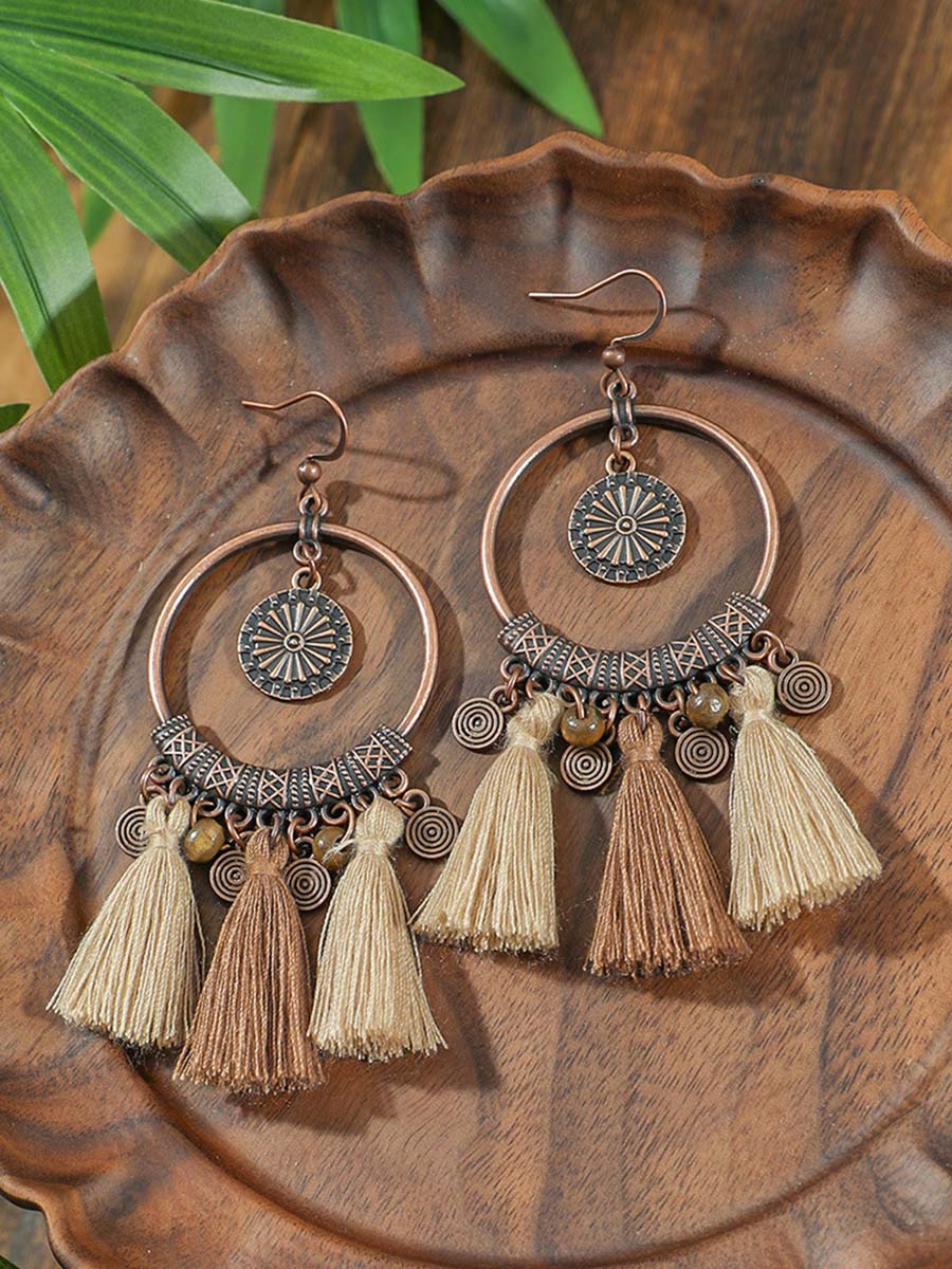 Vintage Distressed Bohemian Tassel Necklace and Earrings Set
