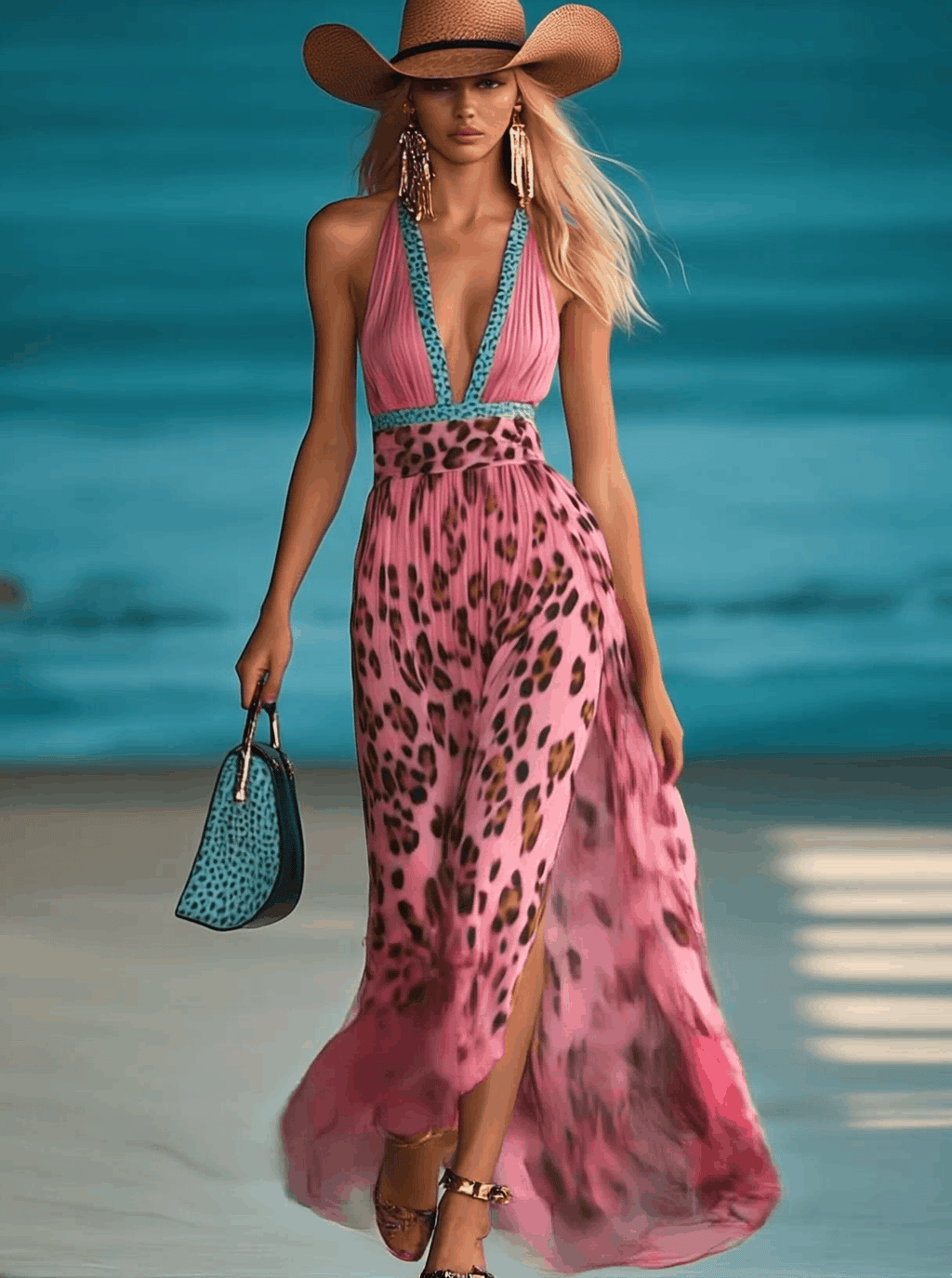 【24-hour shipping out】Retro Fashion Contrast Colour V-Neck Leopard Print Pink Chiffon Slit Maxi Dress
