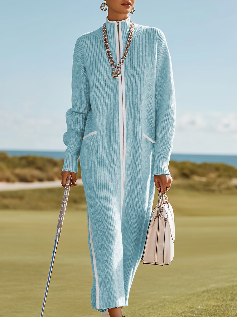 Sporty and Stylish White-trimmed Blue Knit Maxi Dress