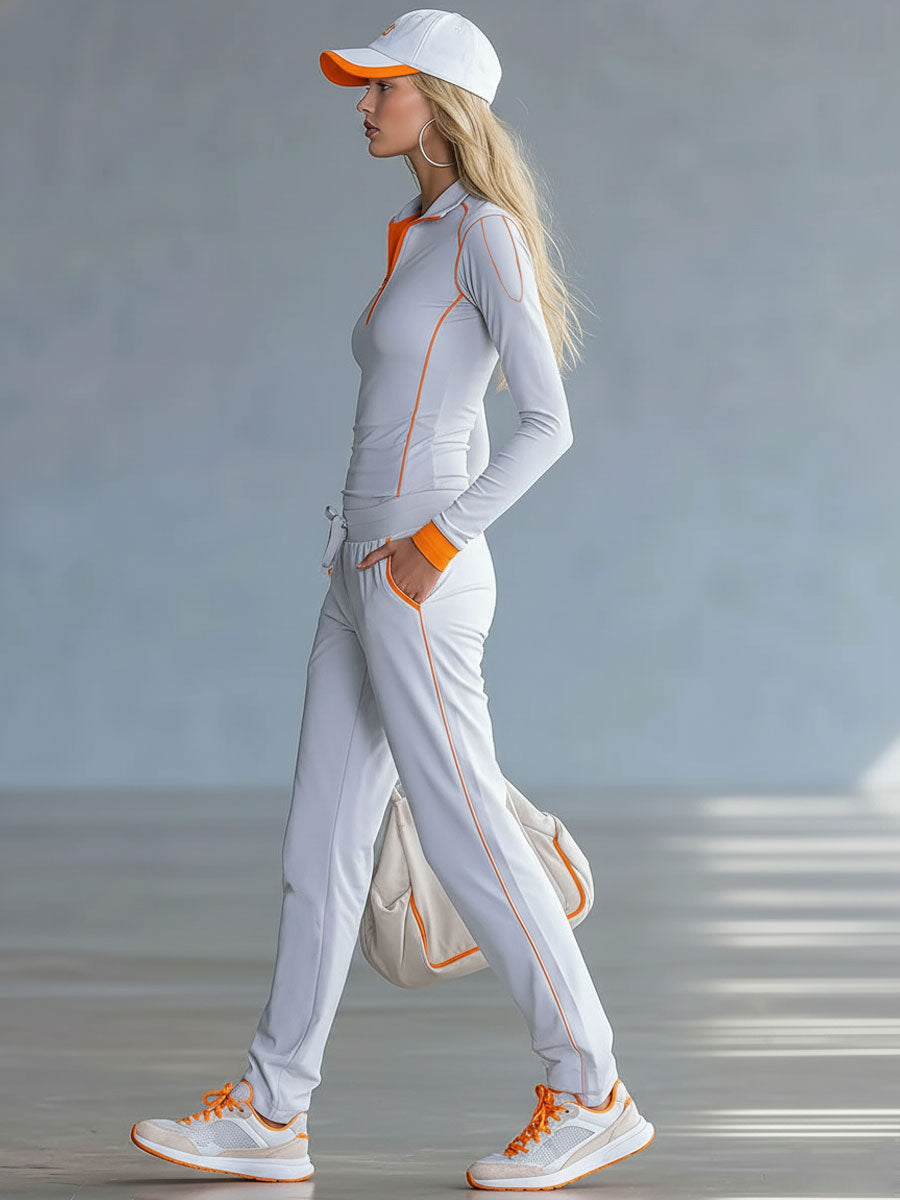 Fashionable Sporty Grey-Blue Long-Sleeved Half-Zip Top And Trousers Set