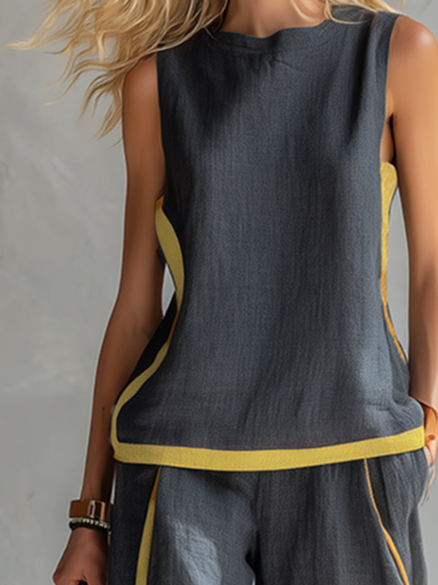 Elegant and Casual Two-tone Trim Grey Cotton and Linen Vest and Trousers Set