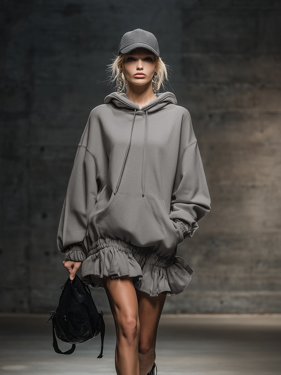 Casual and Fashionable Hooded Elastic Hem Grey Sweatshirt Mini Dress