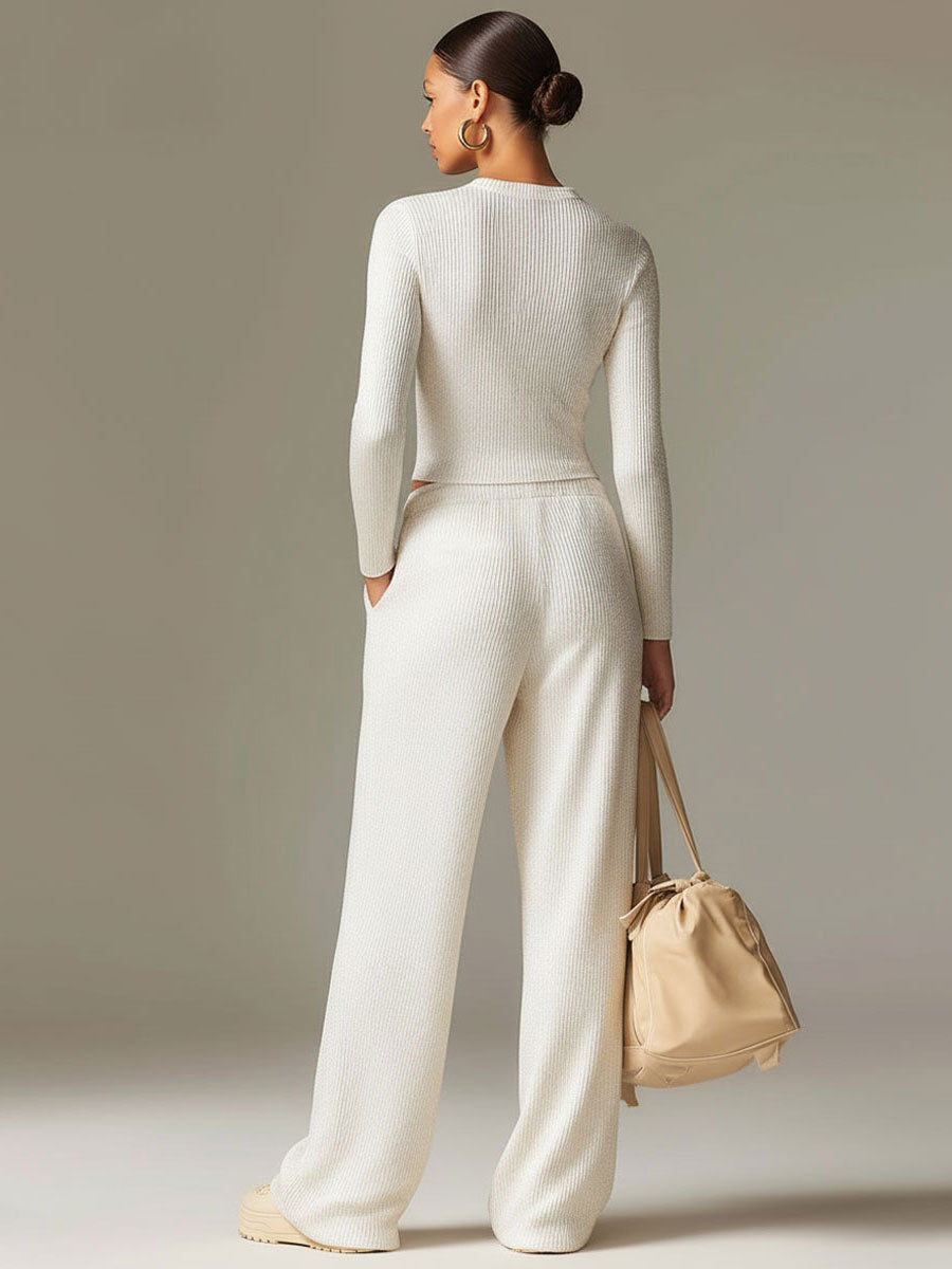 Fashionable Sporty White Knit Ribbed Crew Neck Top and Wide-leg Trousers Set