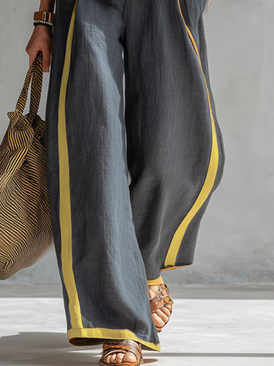 Elegant and Casual Two-tone Trim Grey Cotton and Linen Vest and Trousers Set