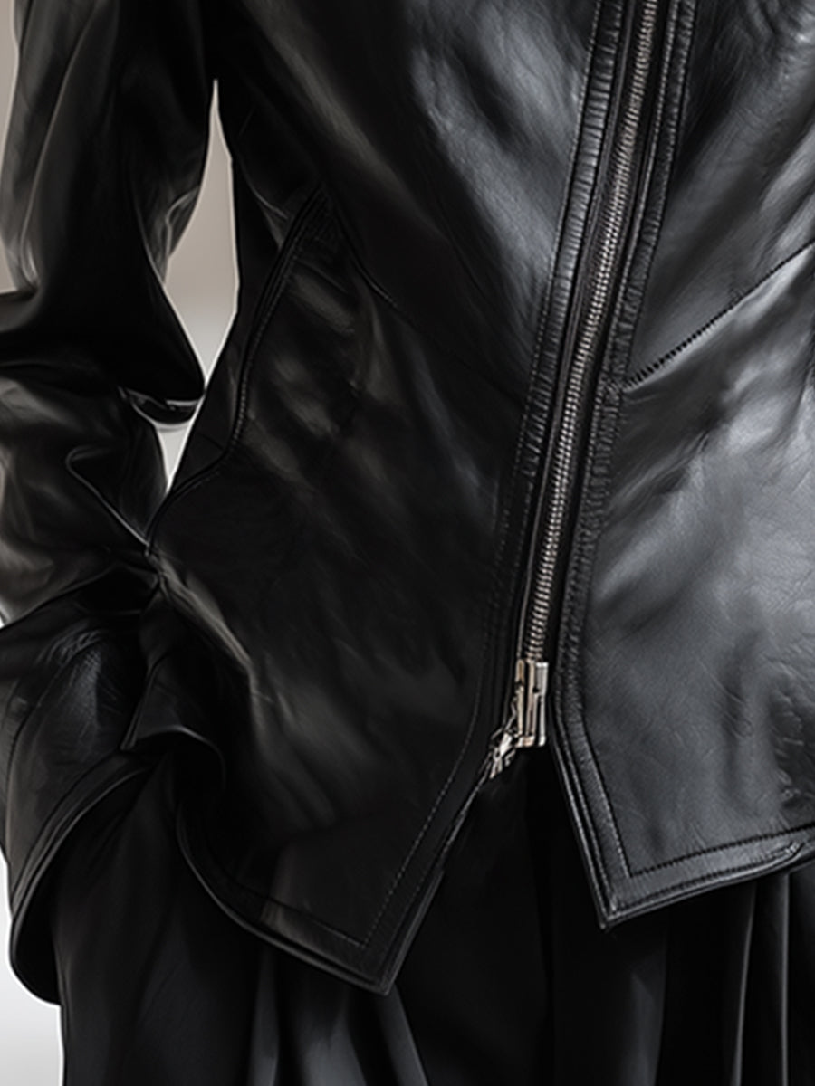 Personality and Fashion High Collar Oblique Zipper Black PU Jacket