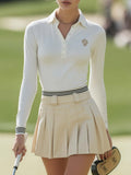 Vintage Fashion Sporty Long-sleeved POLO Top and Waist Pinstripe Pleated Skirt Set