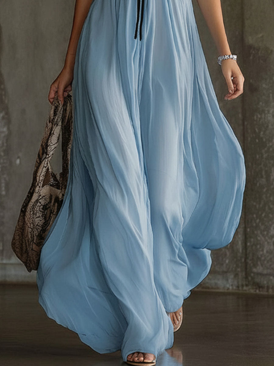 Chiffon Colour-blocked Strapless Sleeveless Maxi Dress