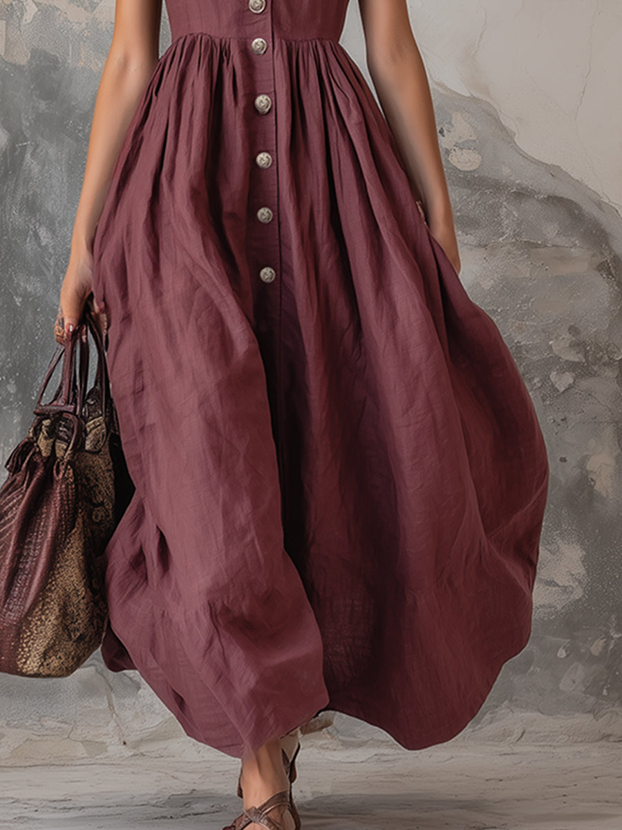 Elegant Zinfandel-Coloured Cotton and Linen Sleeveless Maxi Dress