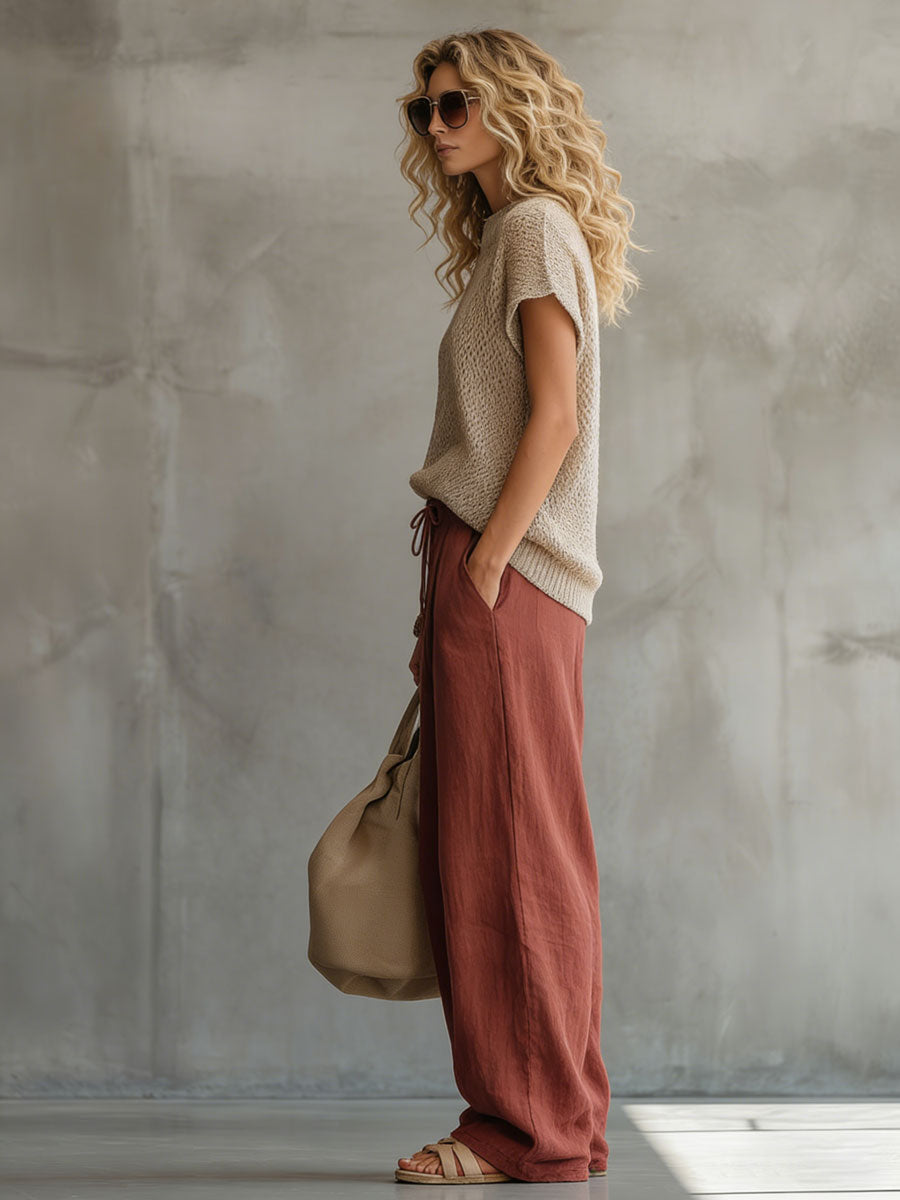 Retro Short-sleeved Knit Top and Brick Red Cotton Linen Wide-leg Trousers Set