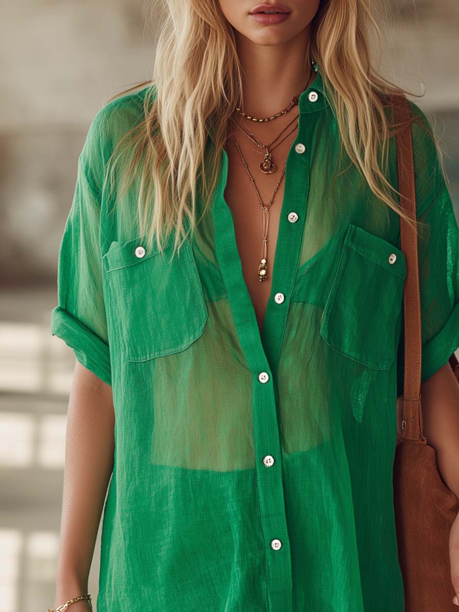 Retro Western Vacation Bright Green Sheer Cotton Linen Shirt-Style Cover-Up Mini Dress
