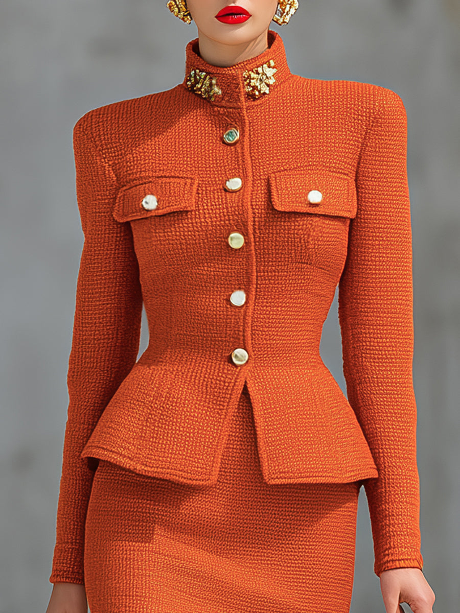 Elegant Stand-collar Knitted Cardigan and Skirt Set