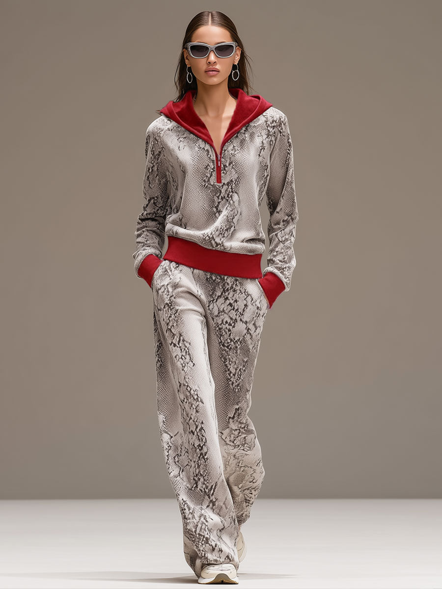Casual Sporty Retro Snakeskin Grey Velvet Hooded Sweatshirt Wide-Leg Set