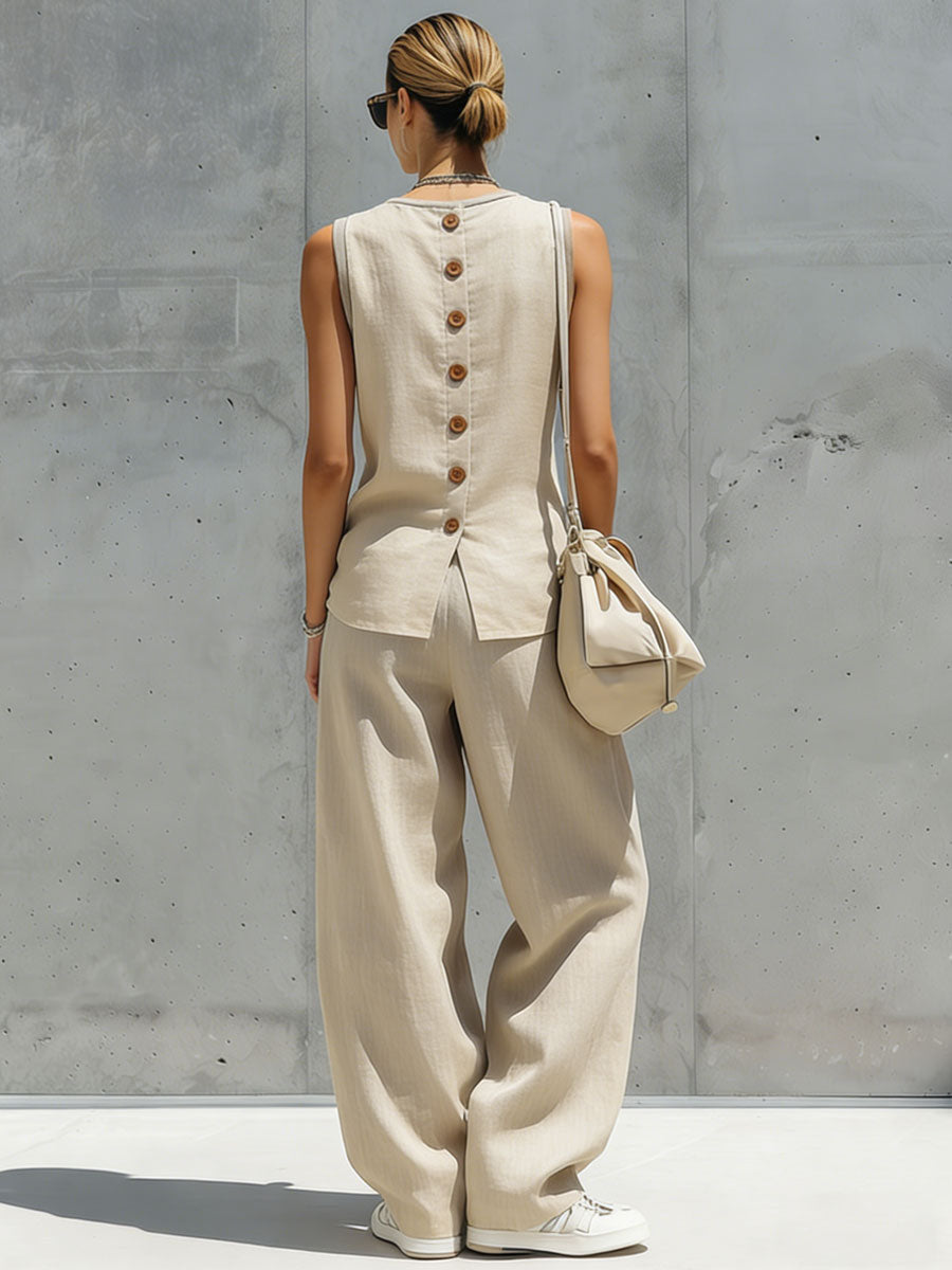 Casual Retro Sand-Coloured Cotton Linen Sleeveless Cardigan and Wide-Leg Trousers Set