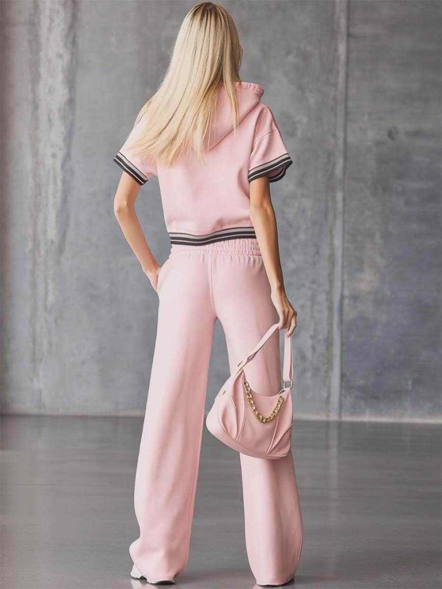 Elegant Fashion Sporty Hooded Front Zipper Short-sleeved Pink Cotton Top And Trousers Set