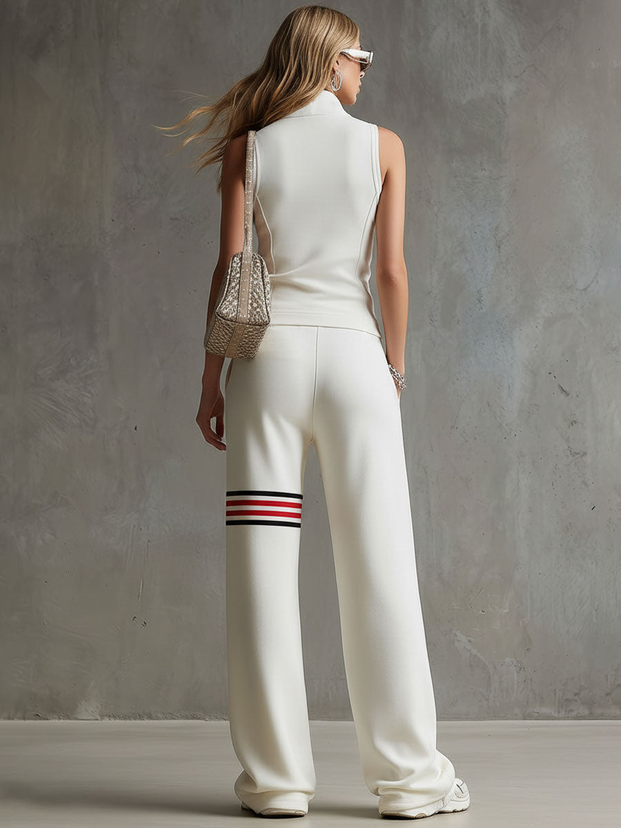 Sporty Retro White Striped Embroidered Sleeveless Vest and Wide-Leg Trousers Set