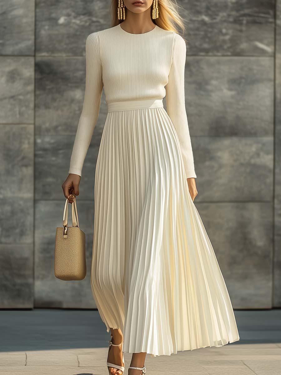 Elegant Casual and Comfortable Long-sleeved Cream Knitted Satin Pleated Hem Maxi Dress
