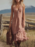 Vintage Western Lace V-Neck Front Zipper Ruffled Hem Light Pink Faux Suede Midi Dress