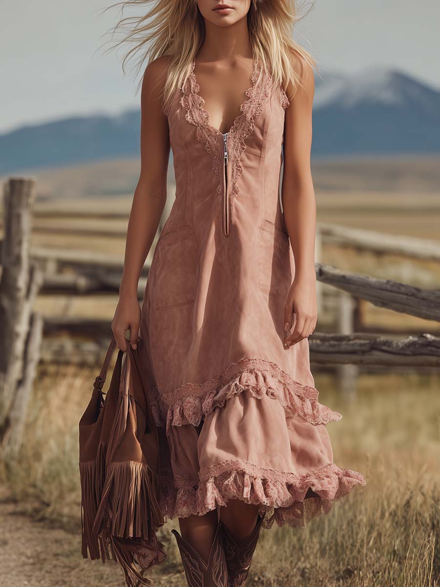 Vintage Western Lace V-Neck Front Zipper Ruffled Hem Light Pink Faux Suede Midi Dress