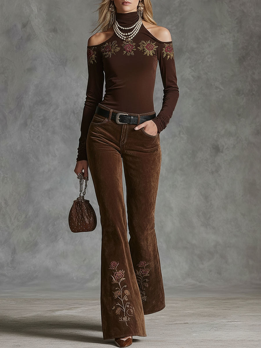 Western-style Floral Embroidered Pocket Flared Trousers
