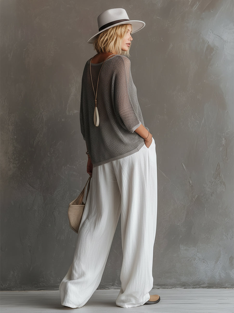 Simple Urban Grey Mesh Knit T-shirt And White Cotton Linen Wide-leg Trousers Set