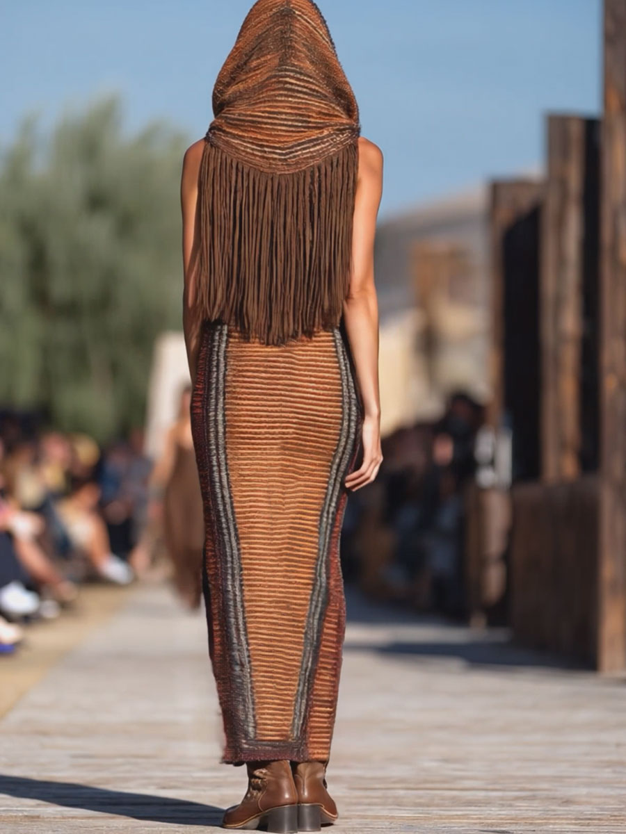 【24-hour shipping out】Western Retro Colourful Striped Knitted Tassel Hooded Slit Maxi Dress