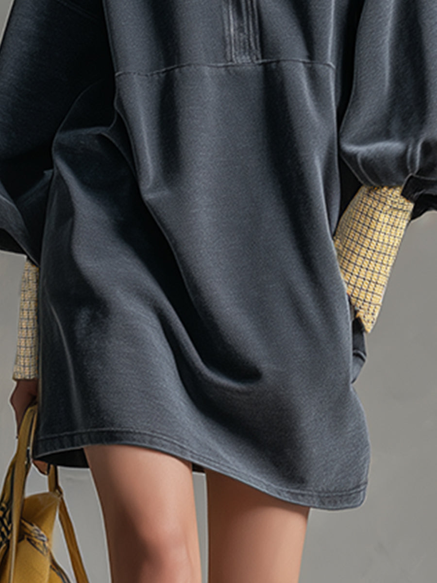 Casual Sporty Plaid Trim Grey Washed Cotton Sweatshirt Mini Dress