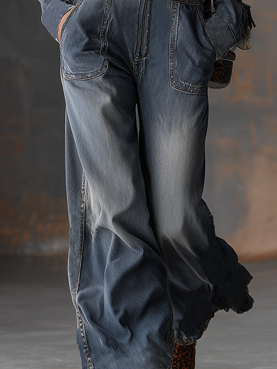Retro Front Zipper Grey-Blue Denim Hooded Jumpsuit