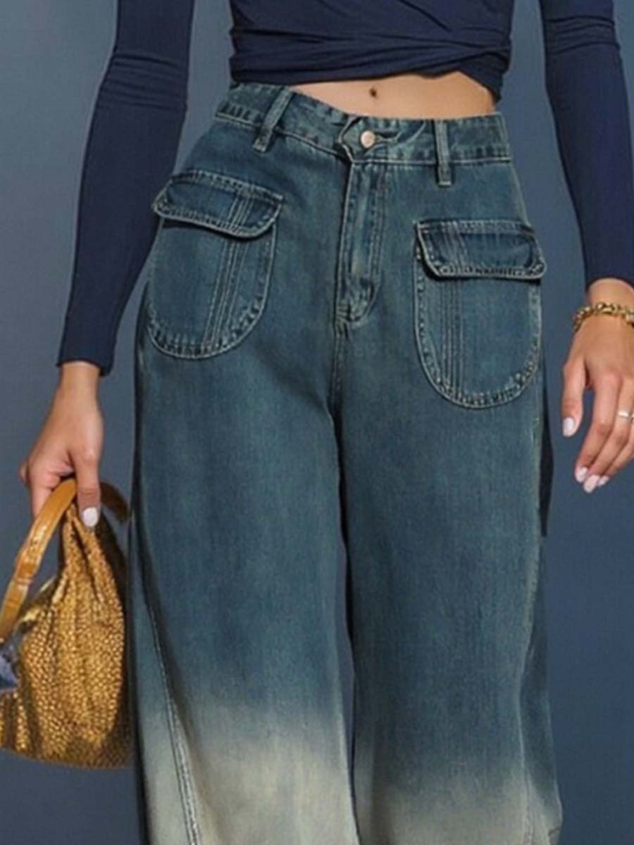 Casual Fashion Gradient Washed Denim Blue Grey Loose Trousers
