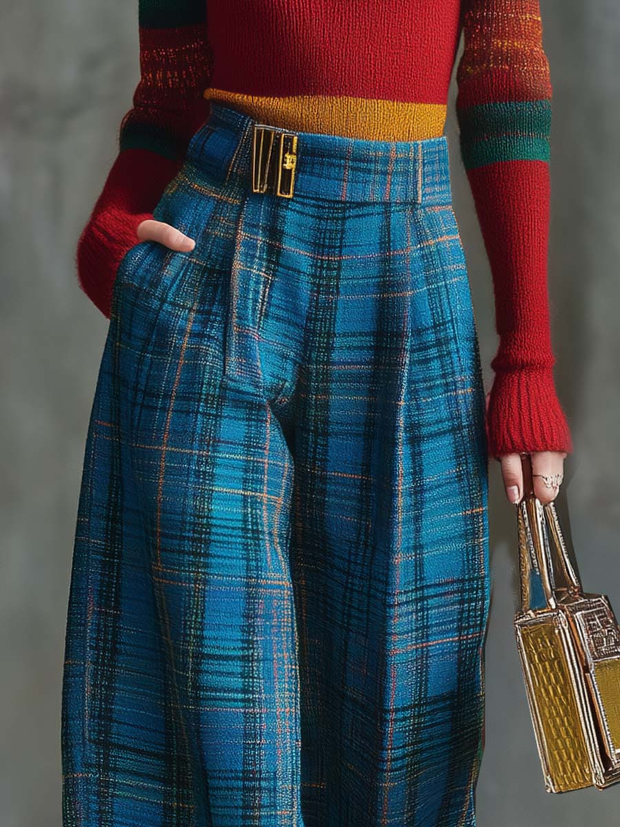 Vintage Fashion Versatile Blue Plaid Wide-leg Trousers