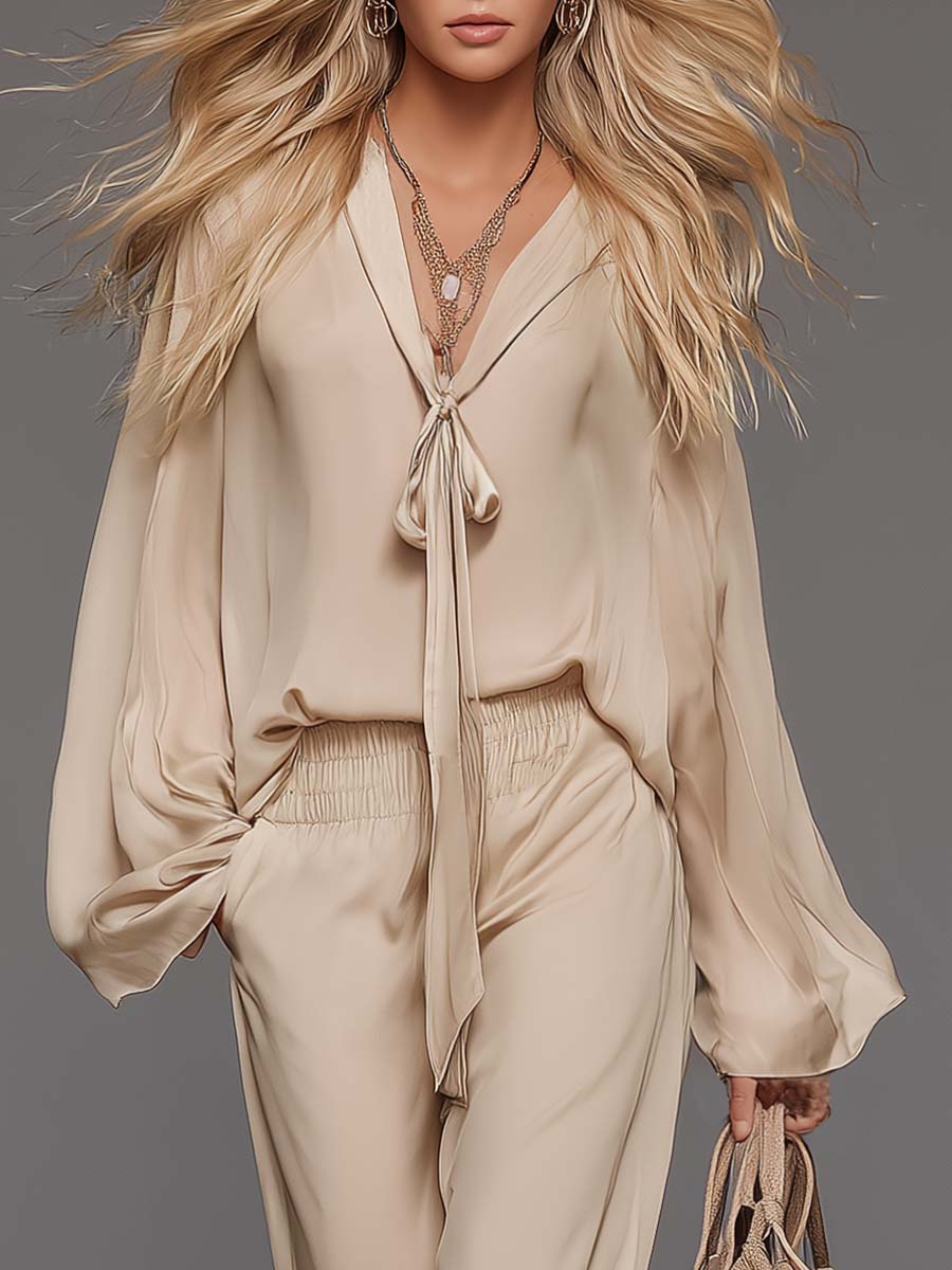 Elegant Flowing Versatile Tie-front V-neck Flared Sleeves Beige Chiffon Blouse and Trousers Set