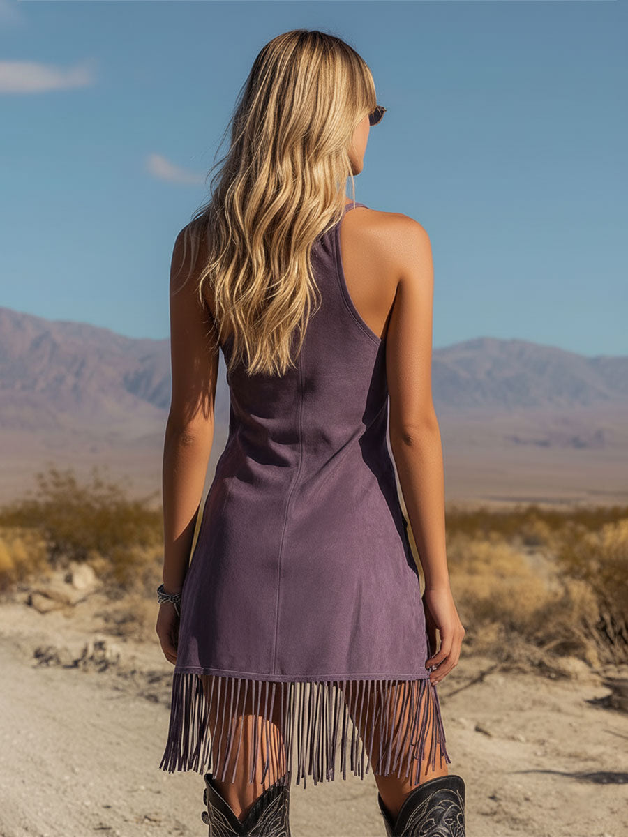 Western Retro Tassel Embroidered Purple V-neck Mini Dress