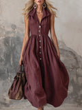 Elegant Zinfandel-Coloured Cotton and Linen Sleeveless Maxi Dress