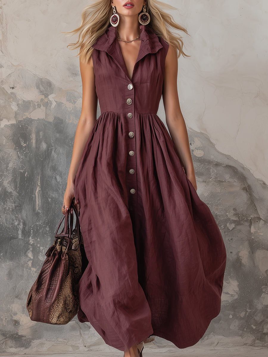 Elegant Zinfandel-Coloured Cotton and Linen Sleeveless Maxi Dress