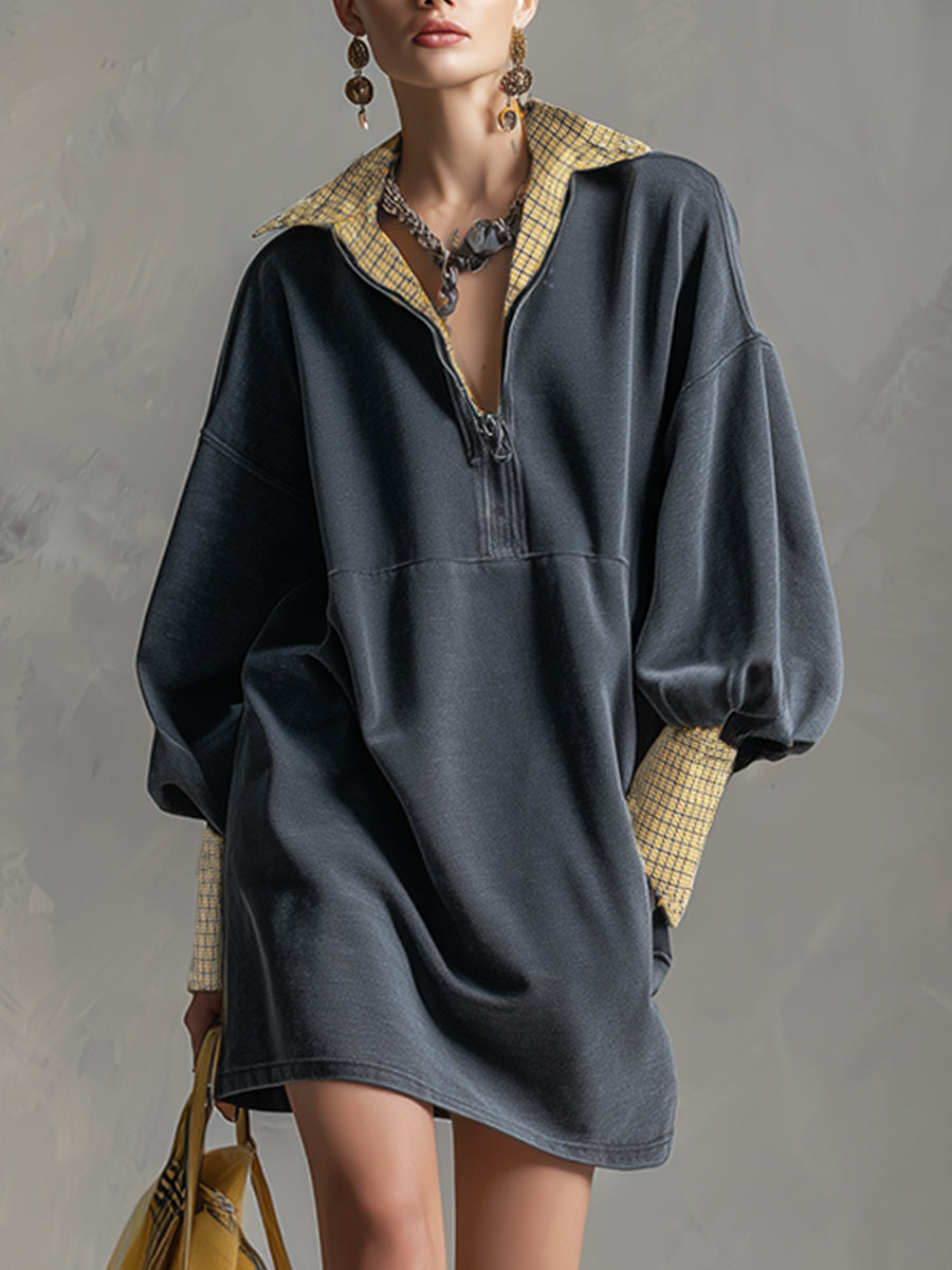 Casual Sporty Plaid Trim Grey Washed Cotton Sweatshirt Mini Dress
