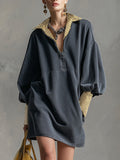 Casual Sporty Plaid Trim Grey Washed Cotton Sweatshirt Mini Dress