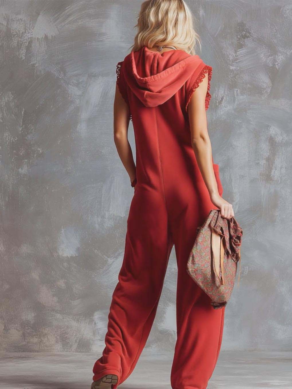 Retro Fashion Sporty Hooded V-neck Front Zipper Raspberry Red Cotton Jumpsuit