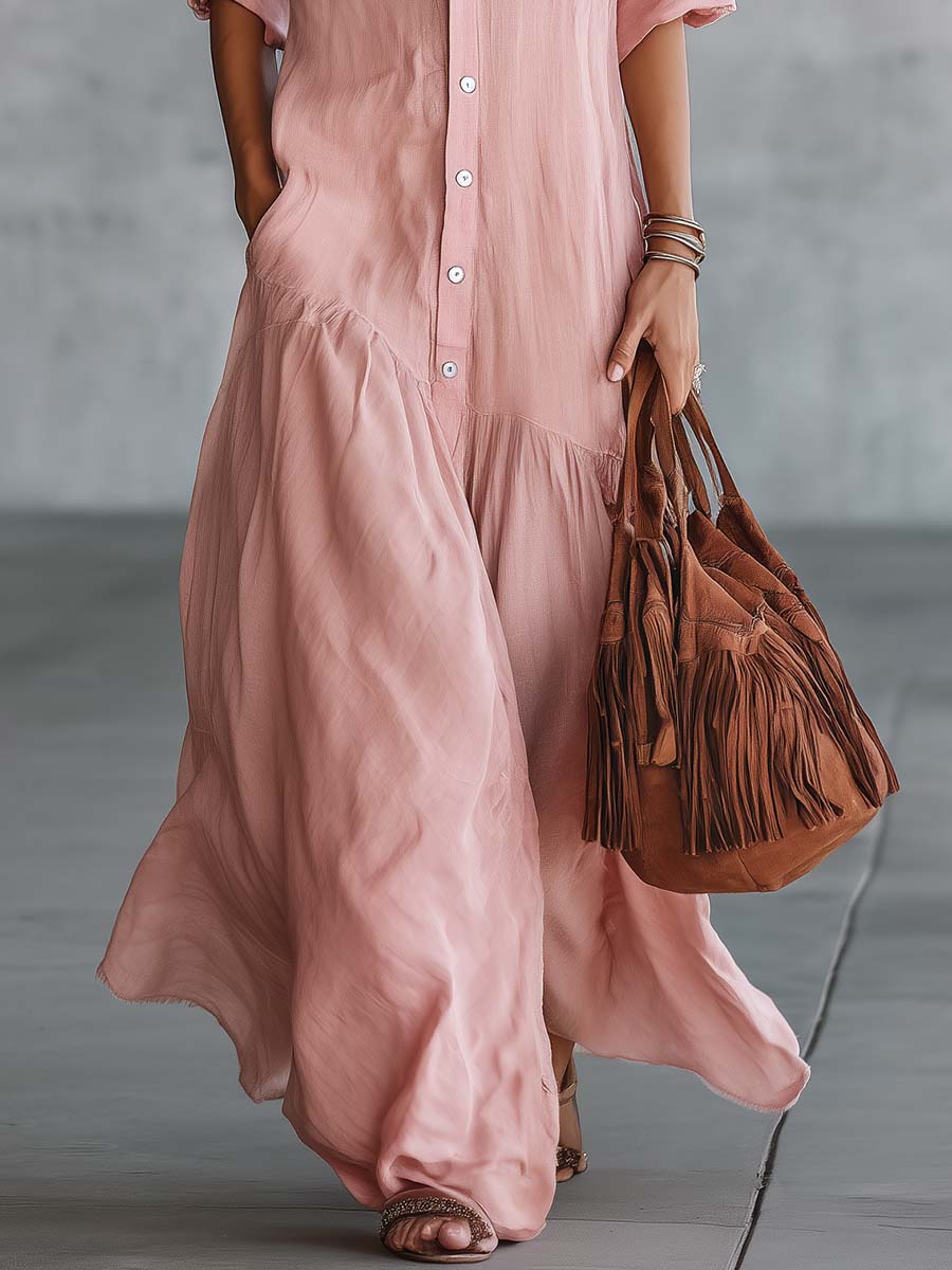 Casual Retro Western V-neck Front Button Short Sleeve Pink Cotton Linen Shirt Maxi Dress
