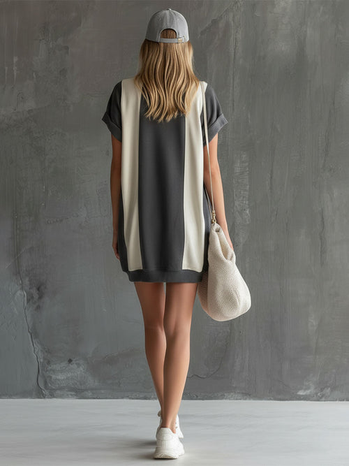 Casual Retro Gray And White Color-blocked Round Neck Short-sleeved Mini Dress