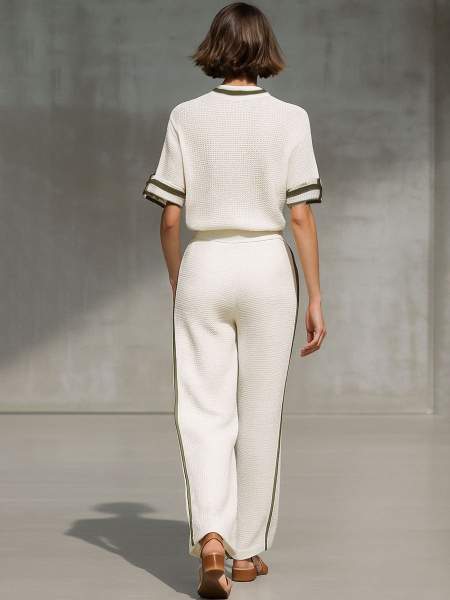 Vintage-Trimmed White Knitted Mesh Short-Sleeved Shirt and Wide-Leg Trousers Set