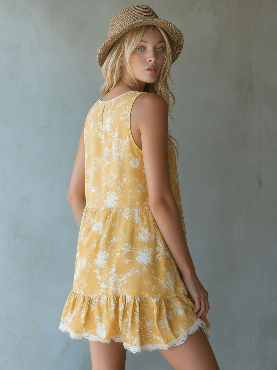 Yellow Chiffon Printed Lace-trimmed V-neck Sleeveless Mini Dress