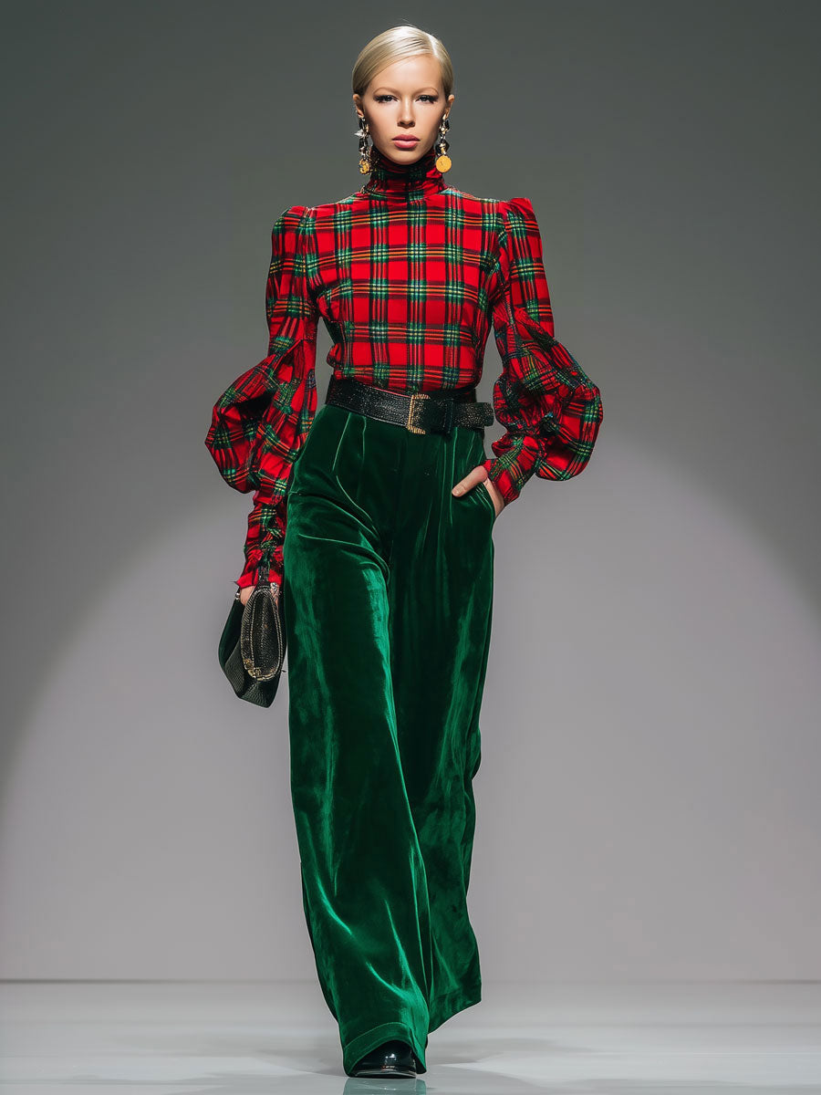 Trendy Retro Plaid Velvet Turtleneck Long-Sleeved T-Shirt and Wide-Leg Trousers Set