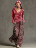 Casual Retro Pink Fleece Hooded Top and Chiffon Leopard Print Wide-leg Trousers Set